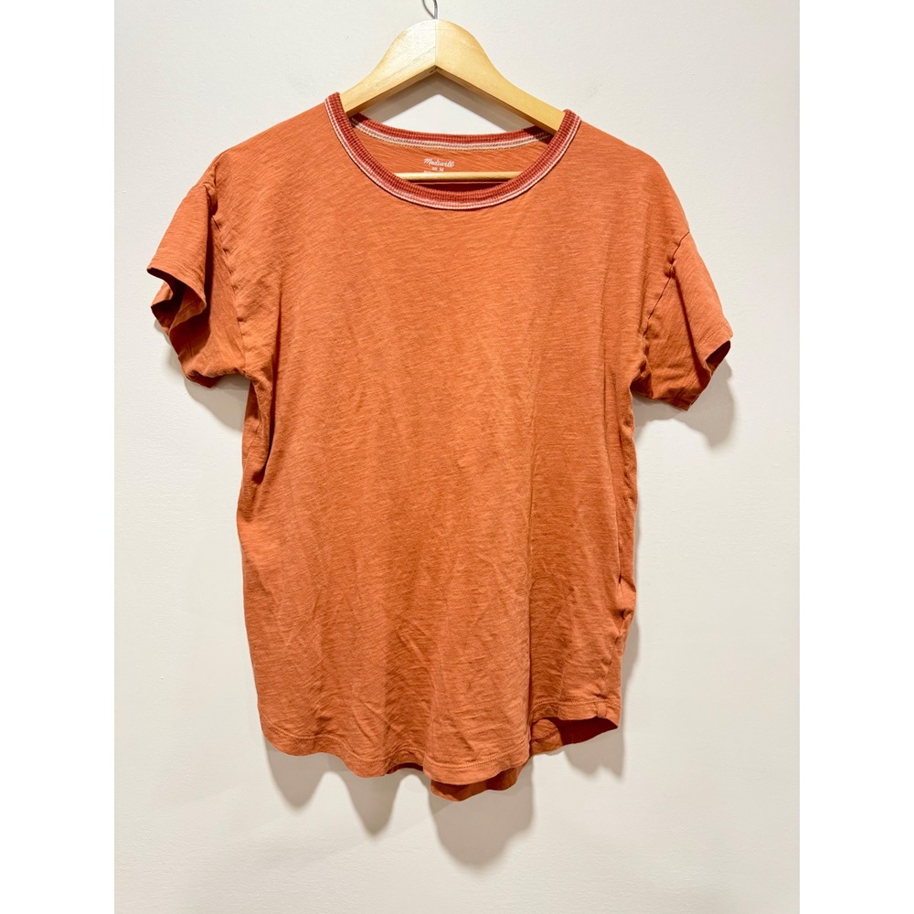 Madewell Womens Cotton Slub Ringer Tee Burnt Orange Rust Striped Neck Size M